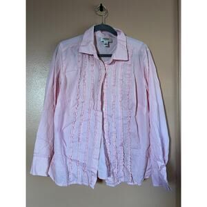 Talbots Woman Pink Stripe Ruffle Button Down | Size 1X | 100% Cotton | Preppy